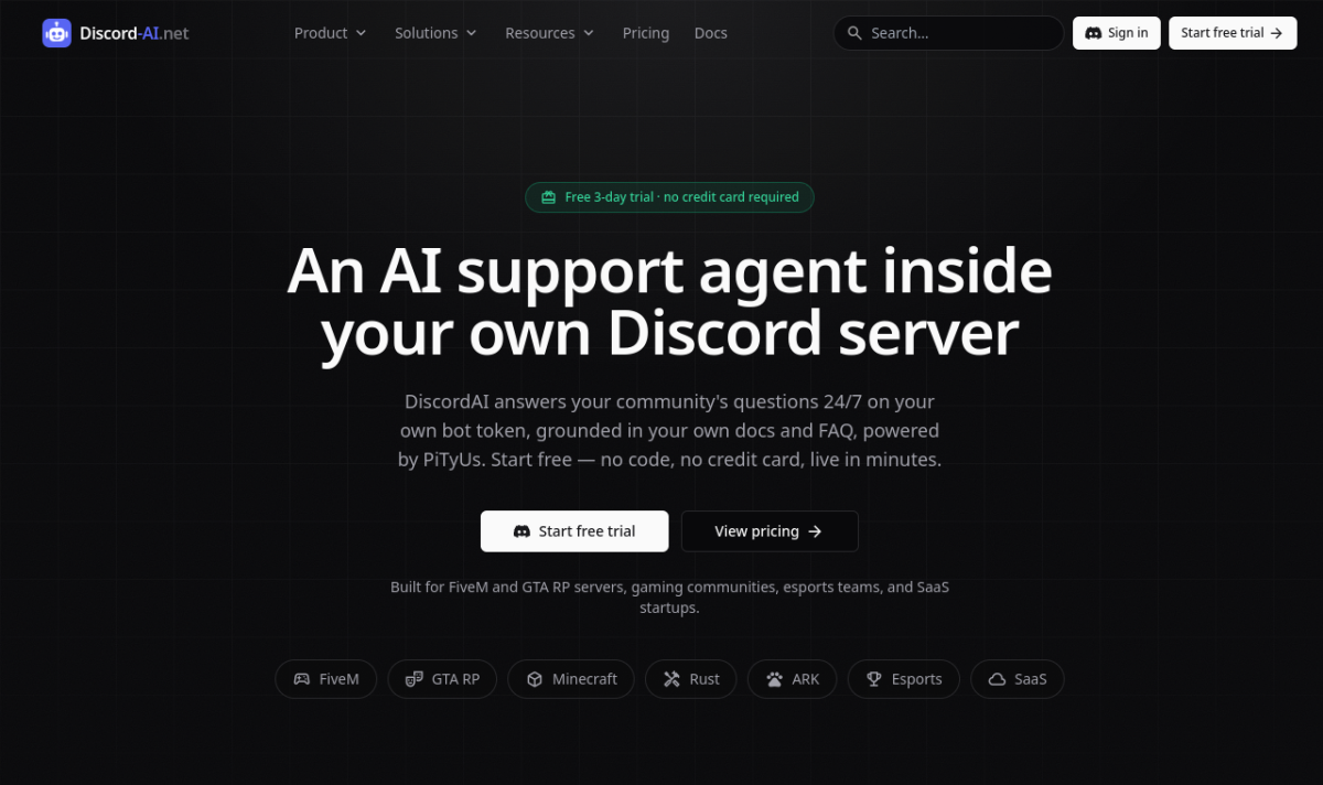 DiscordAI live website (discord-ai.net) — AI support bot for Discord, by PiTyUs