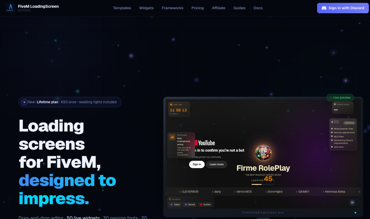 FiveM LoadingScreen — live site at fivemloadingscreen.pro, built by PiTyUs