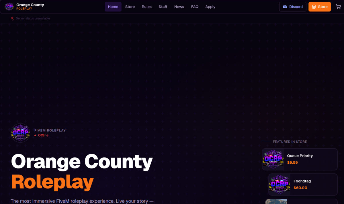 Orange County Roleplay live website (ocrp.dev) — built by PiTyUs