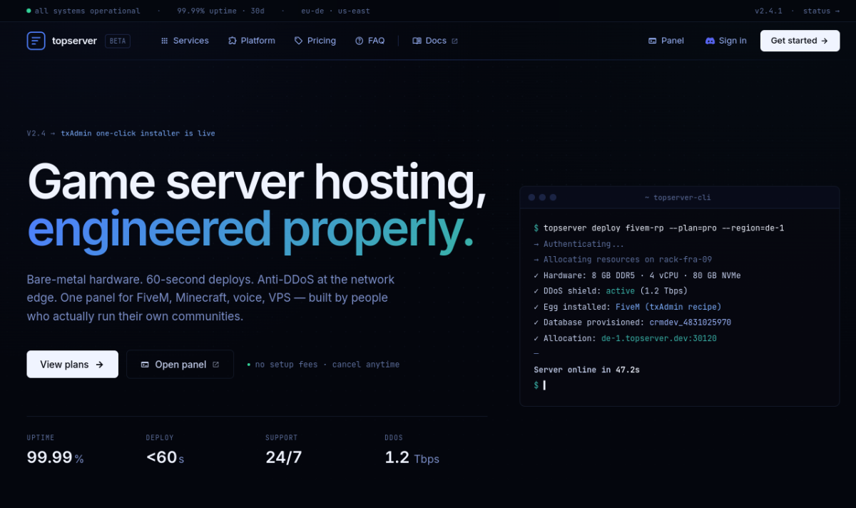 TopServer live website (topserver.dev) — built by PiTyUs