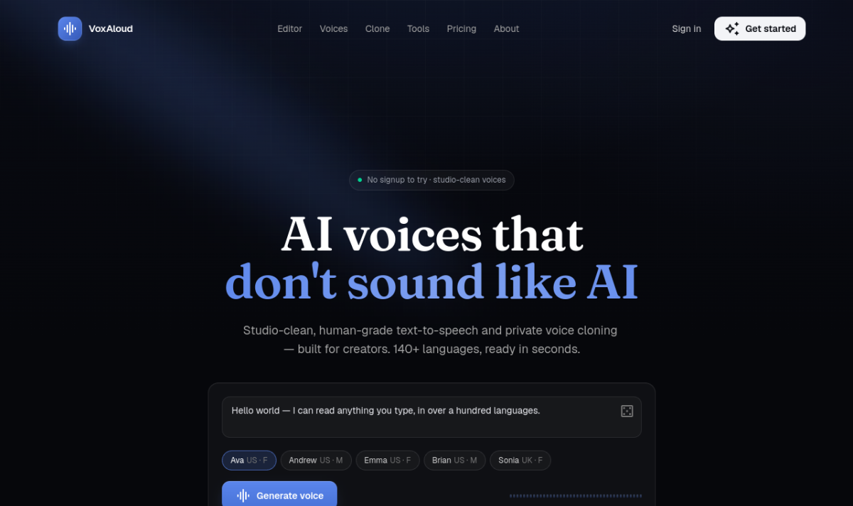 VoxAloud live website (voxaloud.online) — built by PiTyUs