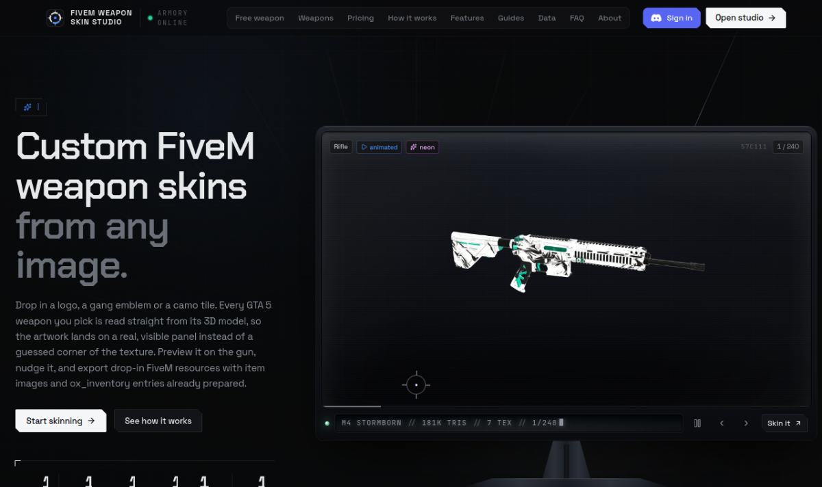 FiveM Weapon Skin Studio — live site at fivem-weapons.com, built by PiTyUs